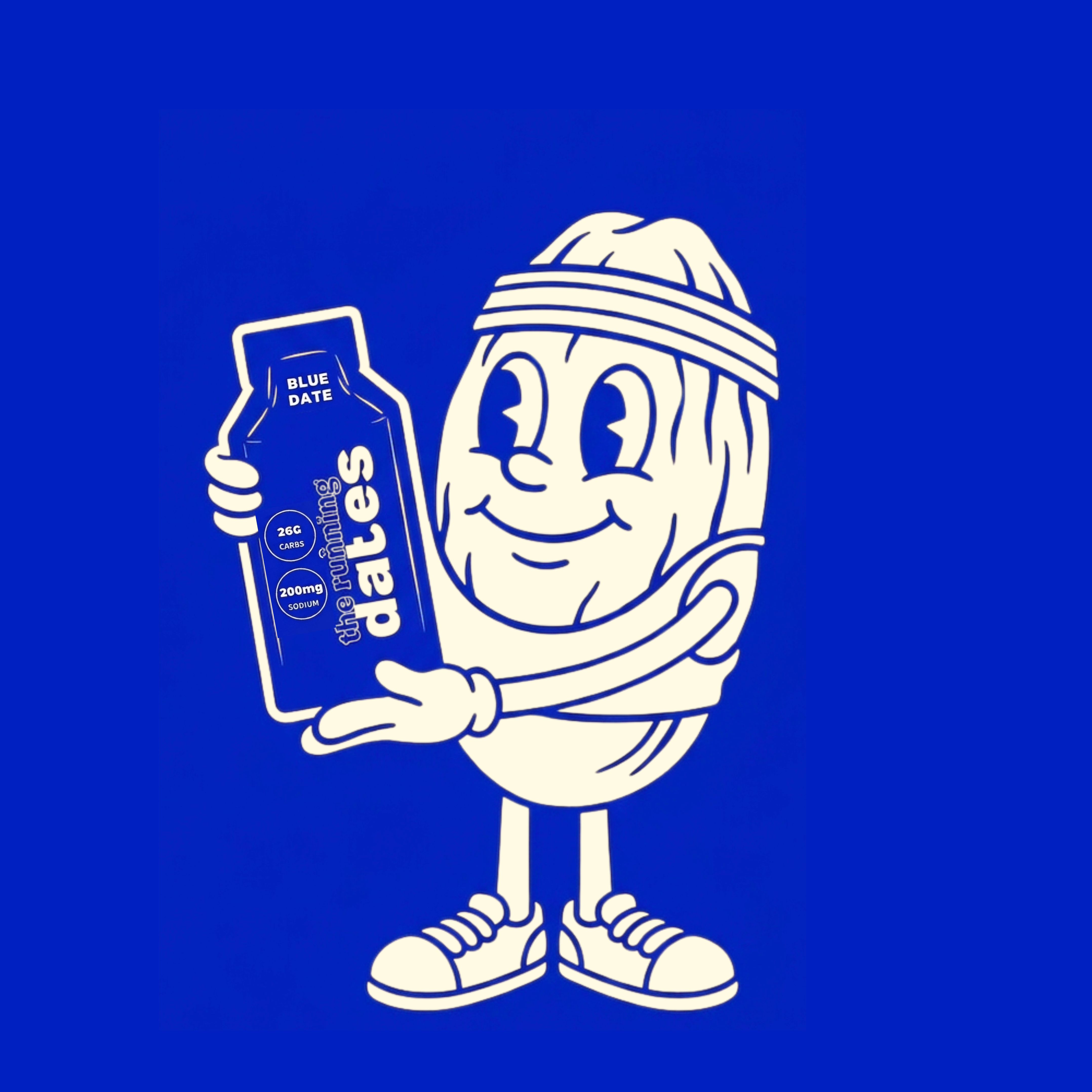 date mascot holding a running dates blue date gel pouch