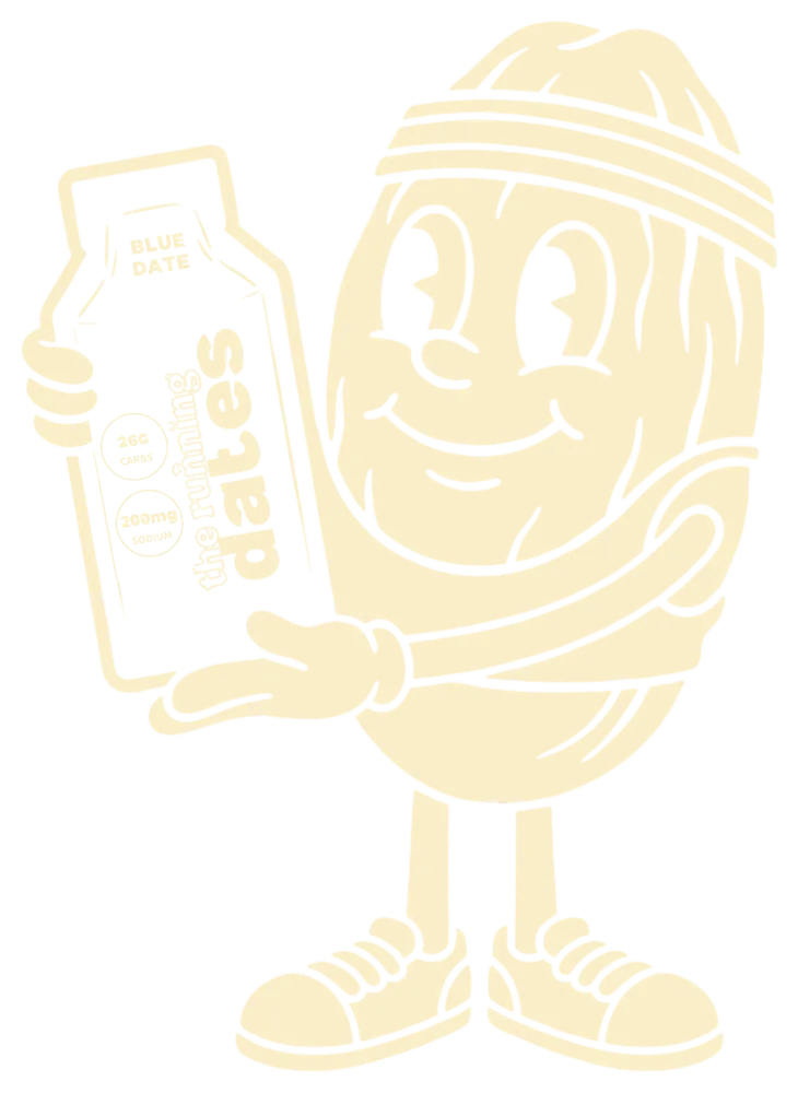 Date mascot holding a Running Dates Blue Date gel pouch