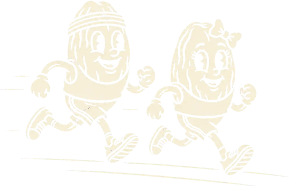 Two date mascots running side by side, wearing the question wristband